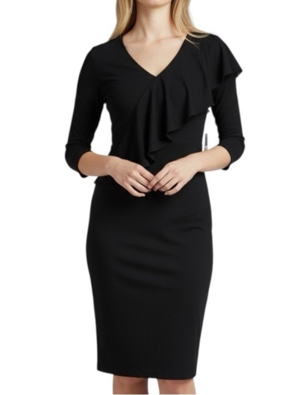 Vince Camuto Black Ruffle V-Neck Sheath Dress